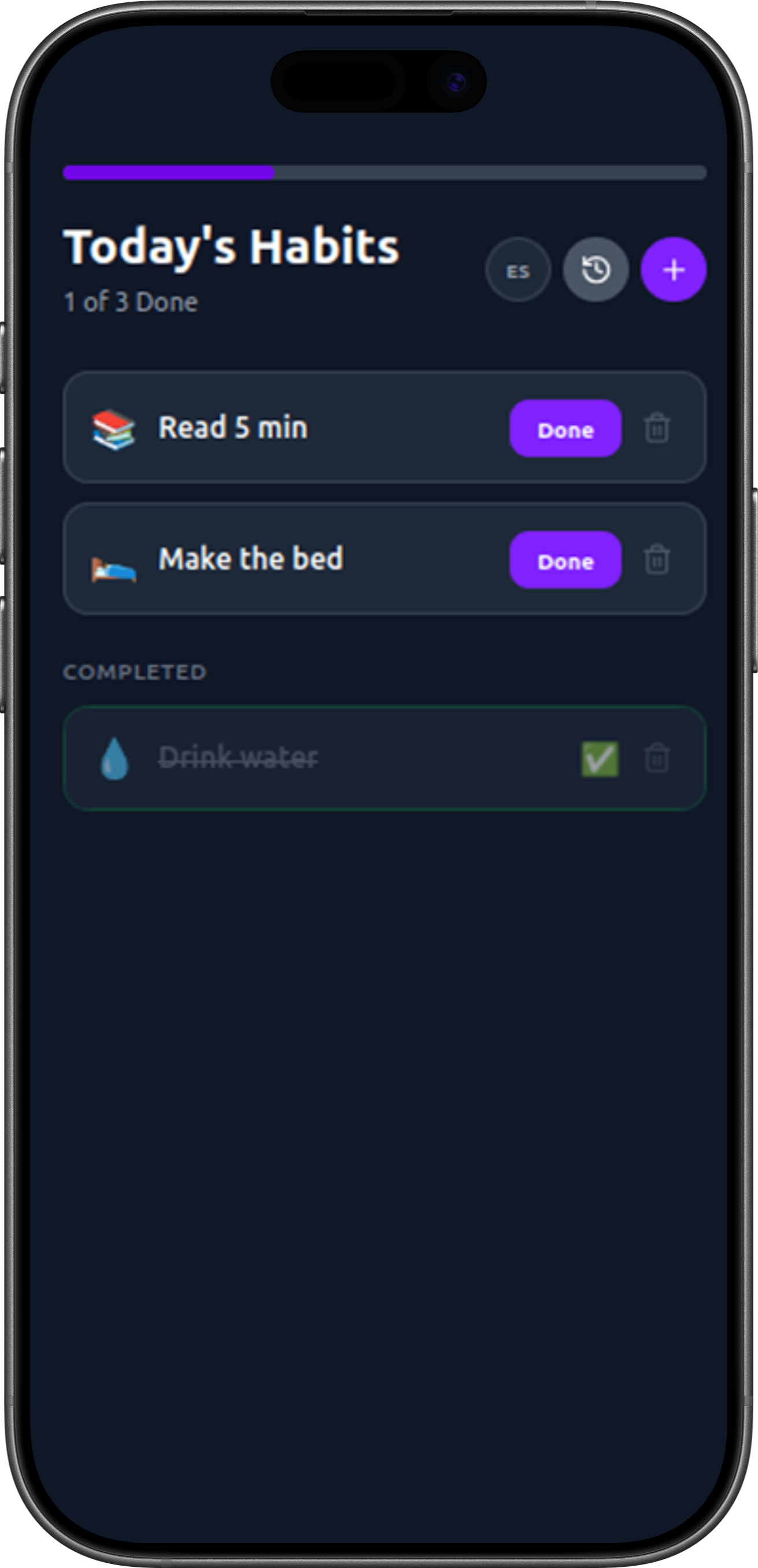 Habit tracker: pantalla de hábitos del día